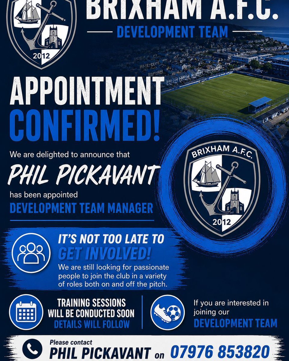 BrixhamAFC's tweet photo. 🔵 APPOINTMENT CONFIRMED ⚪

Brixham AFC are delighted to announce the appointment of Phil Pickavant as our new Development Team Manager.

Phil will lead the next stage of our player pathway, helping shape a competitive and ambitious Development Team that will play a key role in the future of football at Wall Park.

We’d like to wish Phil every success in his new role — welcome (back) to the Fish, Phil! 🐟💙

We are still actively looking for people who want to be part of this exciting project, both on and off the pitch.

Current opportunities include:
⚽ Assistant Referee / Linesperson
⛑️ Medical / First Aid Support
👥 Additional Coaching / Support roles

Training sessions will be starting soon, with full details to follow.

If you’re interested in joining our Development Team as a player, or would like to get involved in one of the available roles, please contact Phil Pickavant on 07976 853820.

This is a brilliant opportunity to be part of an ambitious, community-driven football club with exciting plans ahead.

Made in Brixham. Built for the future.

#UpTheFish 🐟💙
