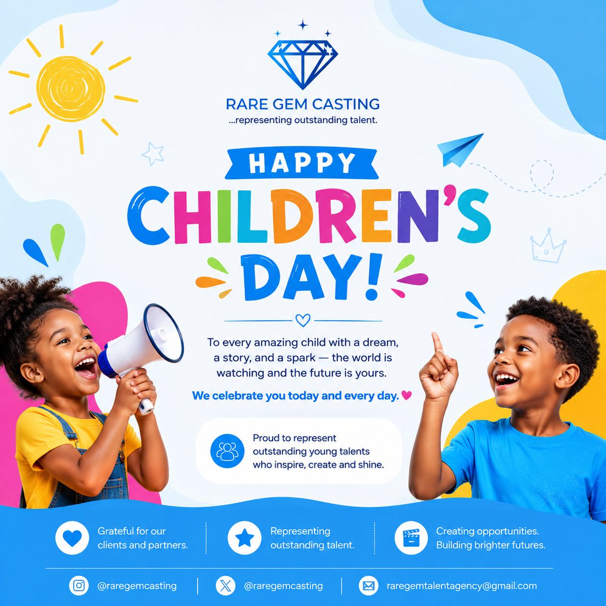 RareGemCasting's tweet photo. Today we celebrate the dreams, creativity, brilliance and endless potential of every child 🌟

At Rare Gem Casting, we’re proud to represent &amp; support young talents who continue to inspire the future through their gifts.

Happy Children’s Day from all of us at Rare Gem Casting 💙 https://t.co/Rx075y2wxp