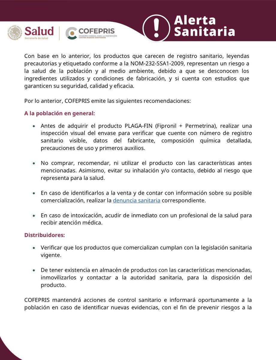 SSZ_Zac's tweet photo. 🚨 Alerta sanitaria: Falsificación y comercialización ilegal del producto PLAGA-FIN (Fipronil + Permetrina), líquido de aplicación directa.

#SaludZac #AñoDelProgreso https://t.co/xRkafuiTsS