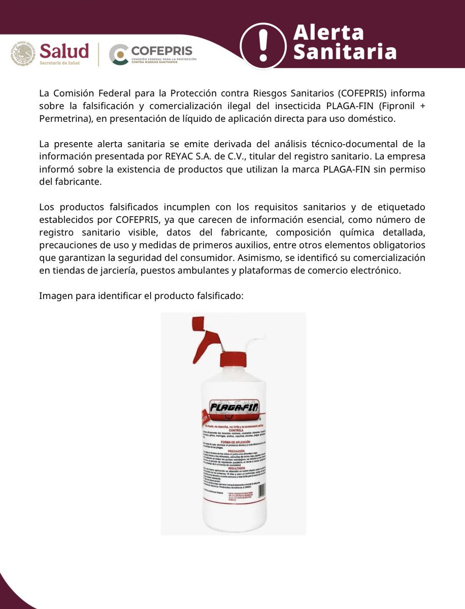 SSZ_Zac's tweet photo. 🚨 Alerta sanitaria: Falsificación y comercialización ilegal del producto PLAGA-FIN (Fipronil + Permetrina), líquido de aplicación directa.

#SaludZac #AñoDelProgreso https://t.co/xRkafuiTsS