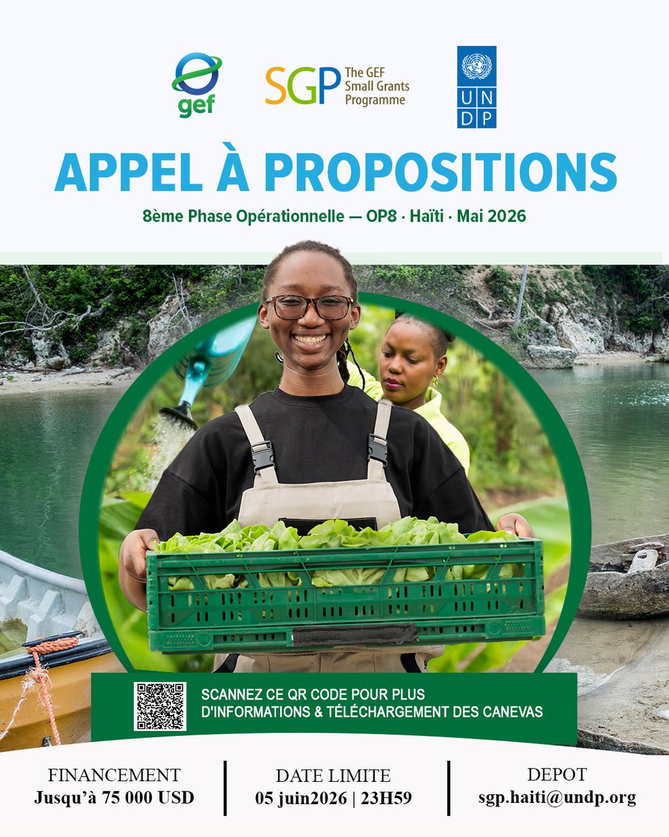 undphaiti's tweet photo. APPEL A PROPOSITIONS

- Jusqu’à 75 000 USD pour vos projets communautaires innovants en 🇭🇹
- Date limite : 5 juin 2026

L'appel à propositions complet et le caneva de candidature disponibles à ce lien : https://t.co/mpZY27tbQg

Dossier à soumettre à : sgp.haiti@undp.org https://t.co/u0ghfuCvrw