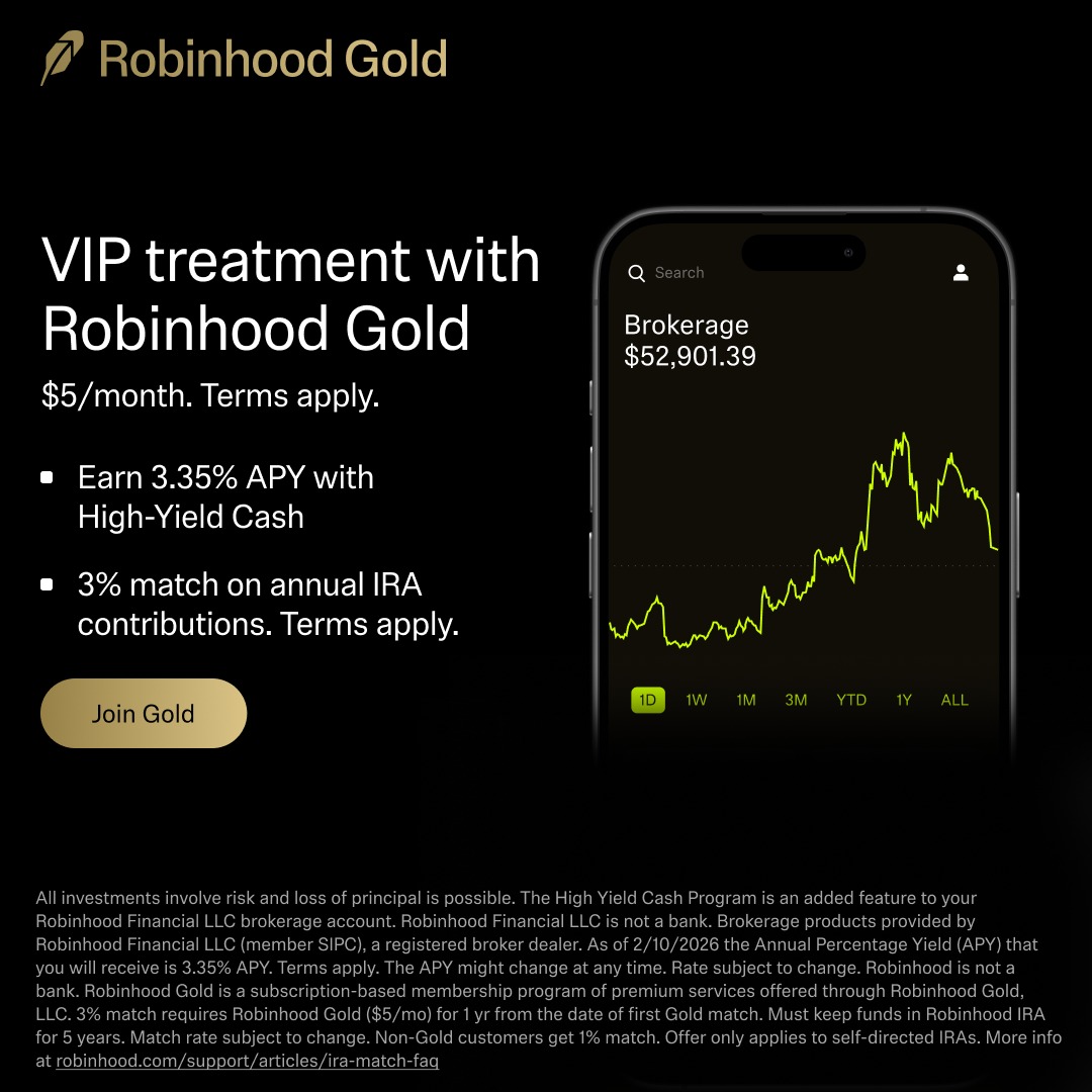 RobinhoodApp's tweet photo. Unlock your money’s potential with Robinhood Gold. $5/month subscription. Terms apply.