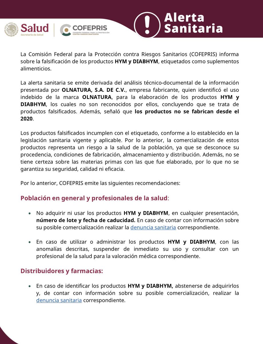 SSZ_Zac's tweet photo. 🚨 Alerta sanitaria: Falsificación de los productos HYM y DIABHYM, suplementos alimenticios.

#SaludZac #AñoDelProgreso https://t.co/BXM1sgaPOU