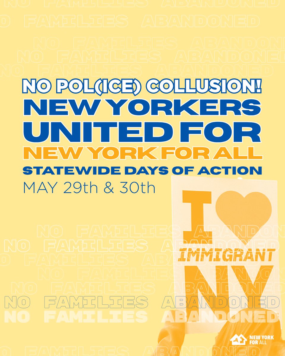 ImmDefense's tweet photo. NY ACTION: NYers are coming together 5/29 &amp; 30 to call on legislators to act and protect immigrant NYers. Until they pass #NY4All and @govkathyhochul signs it into law, NY will continue to let law enforcement agencies collude with ICE to carry out Trump's mass deportation agenda. https://t.co/Ld8E6SIK9c