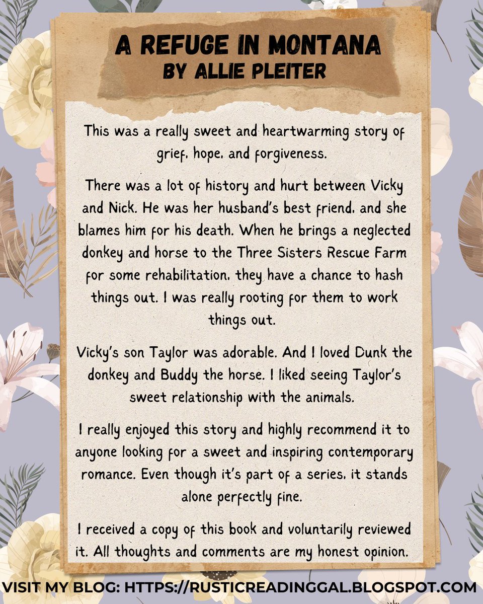 RusticReadinGal's tweet photo. This was a really sweet and heartwarming story of grief, hope, and forgiveness. I really enjoyed it and highly recommend it to anyone looking for an inspiring contemporary romance. Even though it’s part of a series, it stands alone perfectly fine.

https://t.co/z5ThPipUbz https://t.co/lhT4xgvWsj