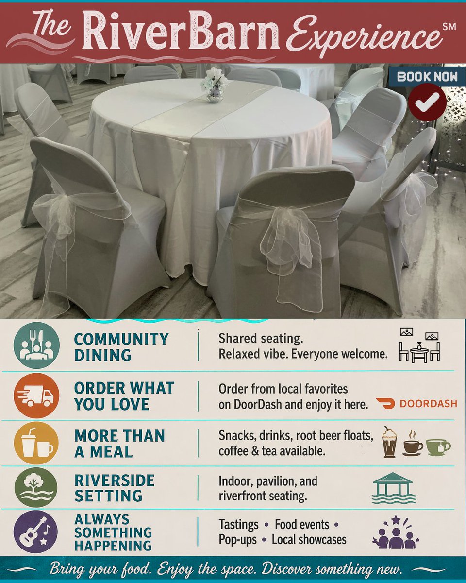 RiverSpace260's tweet photo. Blending riverside hospitality, social dining, nature-based experiences, flexible gathering spaces, and community-centered tourism. 

The RiverBarn Experience offers a welcoming place to relax, gather, and explore Ellijay. https://t.co/hfh61Af2rV