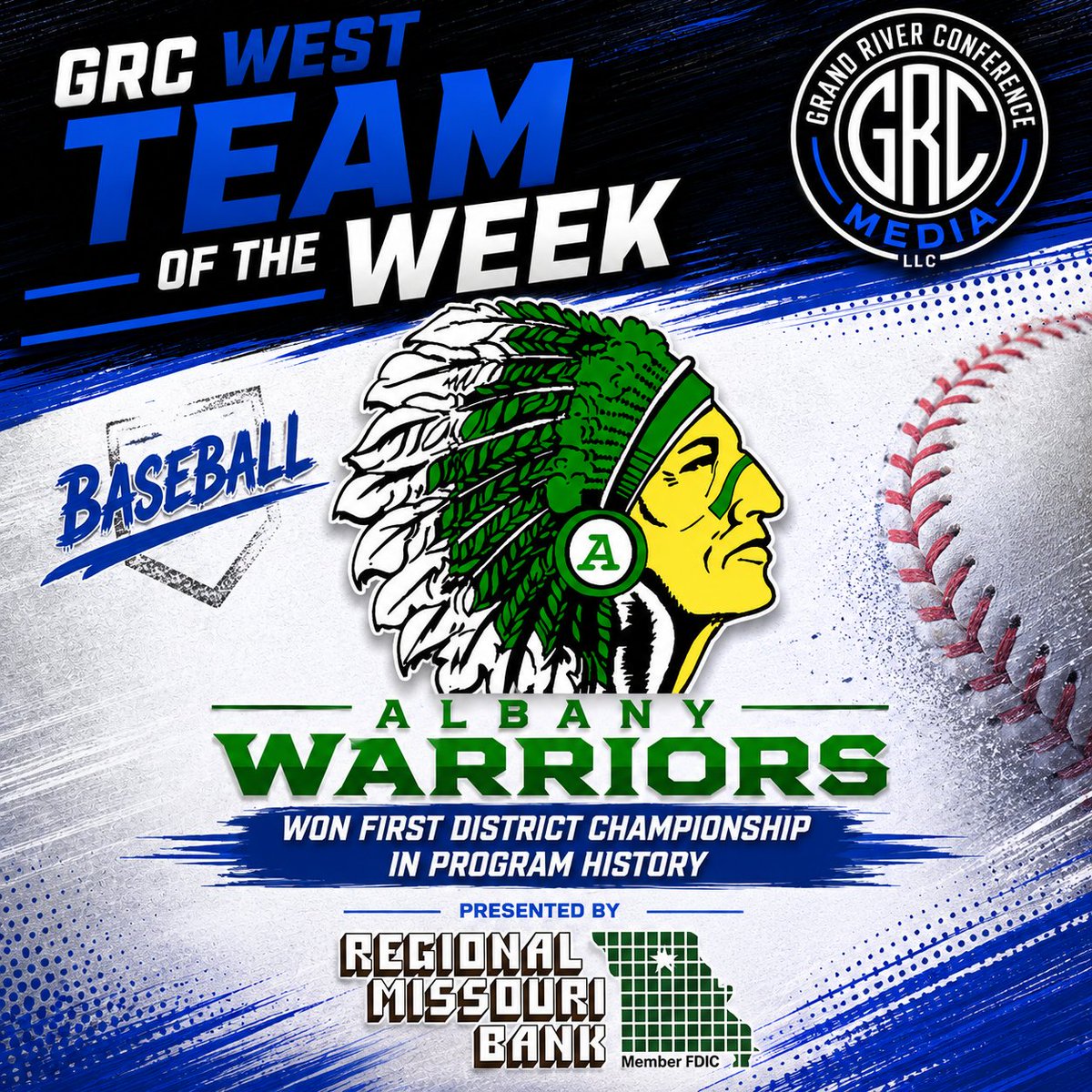 GrandRiverConf's tweet photo. The Regional Missouri Bank GRC West Co-Team of the Week is the Albany Warriors Baseball Team. Albany defeated Princeton 3-0 to win their first District Championship in program history. Congratulations to Albany. https://t.co/0xoUI7YmLB
