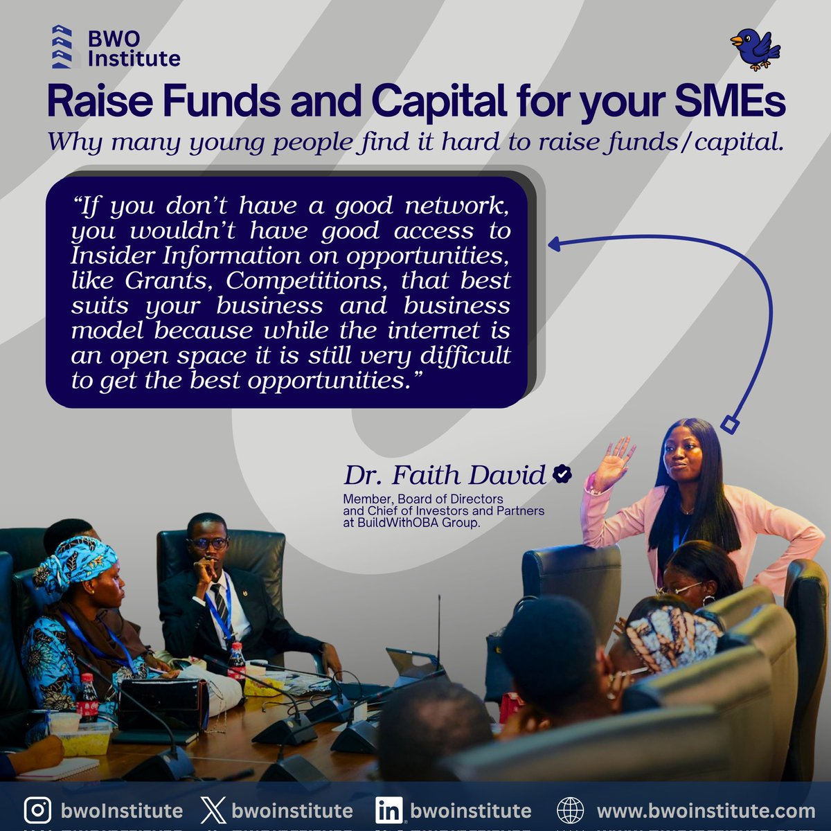 BWOINSTITUTE's tweet photo. Did you miss the live space 2days ago? 

Here are amazing highlights of what was said by our powerful COI, Dr. Faith David. @havida__ 🔥

Kindly click on the quoted tweet to gain some knowledge and insight to the major problems with capital raising. https://t.co/iZCgbI3q1x