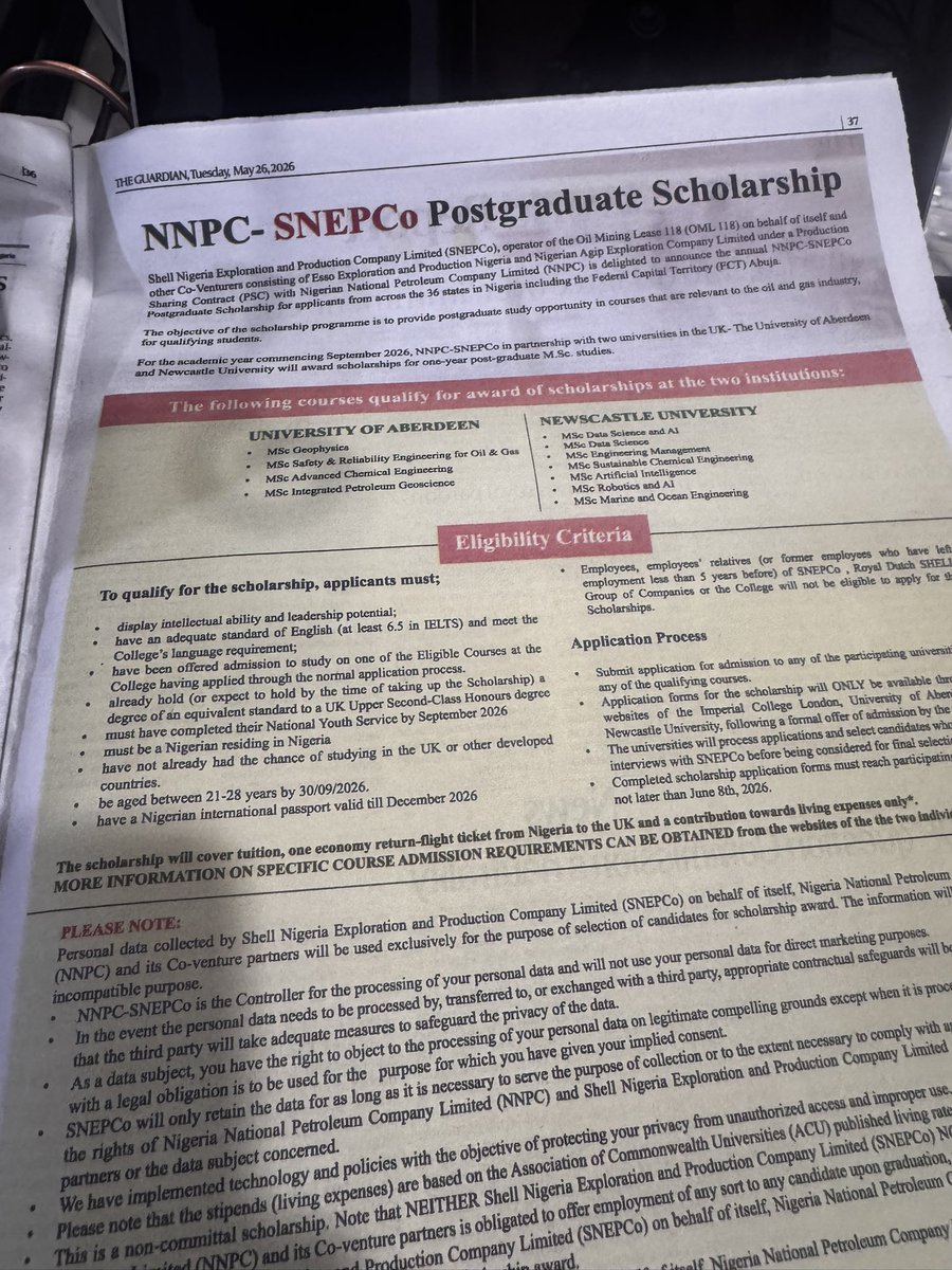 woye1's tweet photo. NNPC-SNEPCo Postgraduate Scholarship 

2: Aberdeen University and Newcastle University. 

3: apply. Check their website https://t.co/yqYWzPdKFZ
