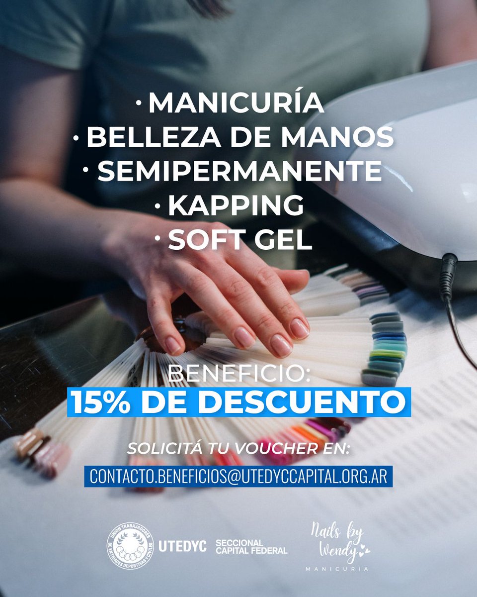 UTEDYCcapital's tweet photo. ¡Nuevo beneficio para afiliadas y afiliados de UTEDYC Capital Federal!

Accedé a un 15% de descuento en Nails by Wendy, con servicios de manicuría, belleza de manos, semipermanente, kapping y soft gel.
📍 Jose Bonifacio 3137
📱 Instagram: @nailsbywendy.arg

Solicitá tu voucher en:
📧 contacto.beneficios@utedyccapital.org.ar