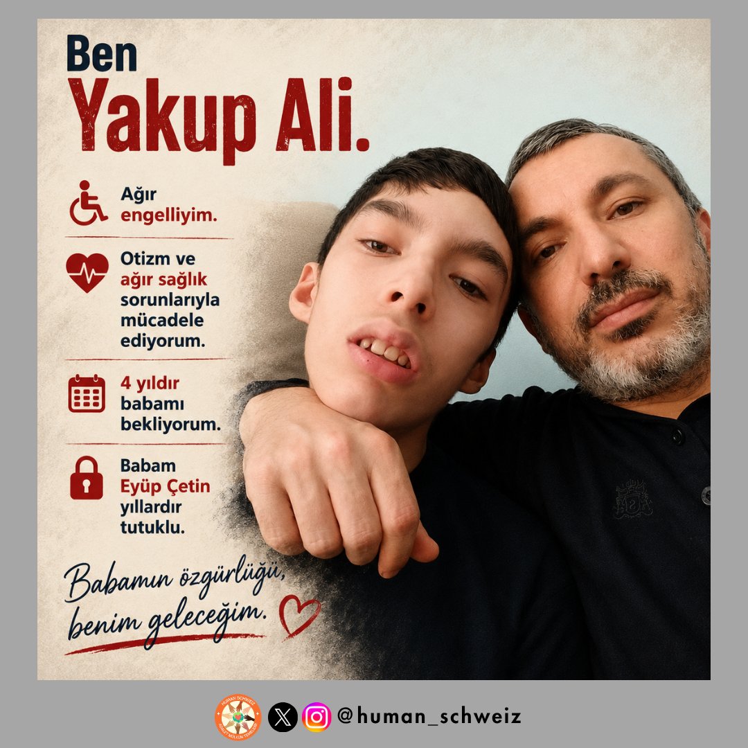 human_schweiz's tweet photo. Bayramdaİhsana AnnesiniVerin

Yakup Ali, ağır engeli ve sağlık sorunlarıyla yaşam mücadelesi verirken bir yandan da babasına hasret büyüyor.
Dört yıldır babası Eyüp Çetin’in yolunu gözleyen Yakup’un en büyük ihtiyacı, ailesinin yanında olabilmek.
Yakup Ali ağır hasta ve babasına diğer çocuklardan daha fazla ihtiyacı var.

@adalet_bakanlik
@ADLITIPKURUMU
@herkesicinCHP
@SaadetPartisi