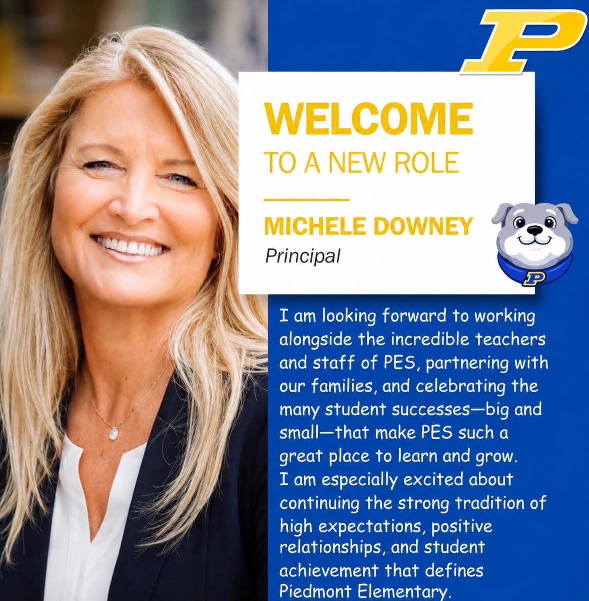 PCSDK12's tweet photo. Please join us in welcoming Michele Downey as the next Principal of Piedmont Elementary School! https://t.co/suumYo3no1