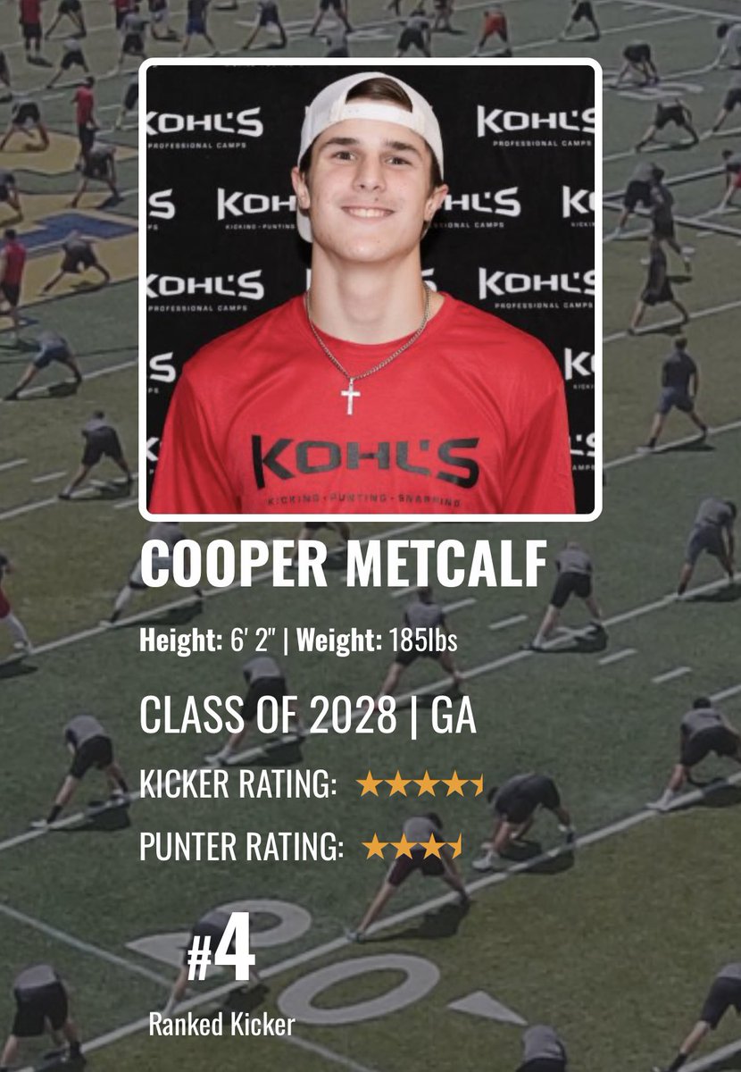 CooperMetcalf28's tweet photo. Blessed to be the number 4 kicker in America!
@will15bates 
@BigBlueRecruits 
@MattNapier9 
@trlong02 
@RecruitGeorgia 
@KohlsKicking https://t.co/8Ub1H6xSoX