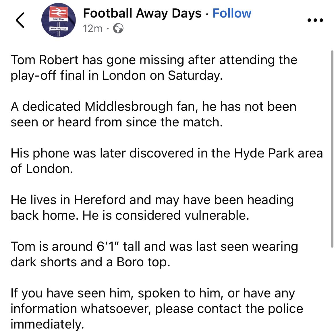 midsupsouth's tweet photo. If anyone knows of Tom’s Whereabouts please contact the police https://t.co/2MhEWtIe1r