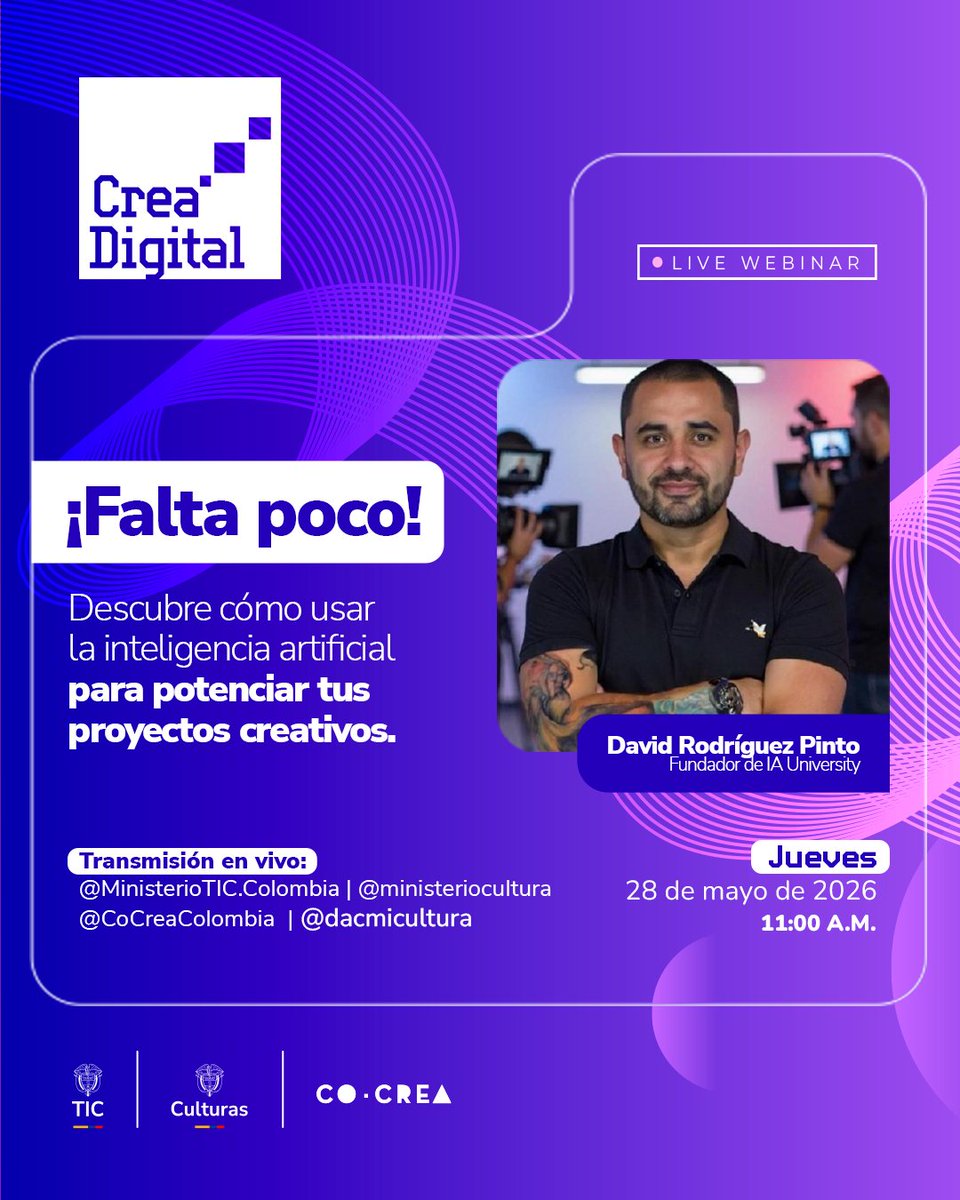 TalentoDigCol's tweet photo. Este jueves acompáñanos en el Live Webinar de #CreaDigital2026: Inteligencia Artificial en la industria creativa
 
Una conversación sobre creatividad, innovación y herramientas para fortalecer proyectos de animación, videojuegos y narrativas digitales.
 
https://t.co/Dfjvf6fo0X https://t.co/gYCrvJurRV