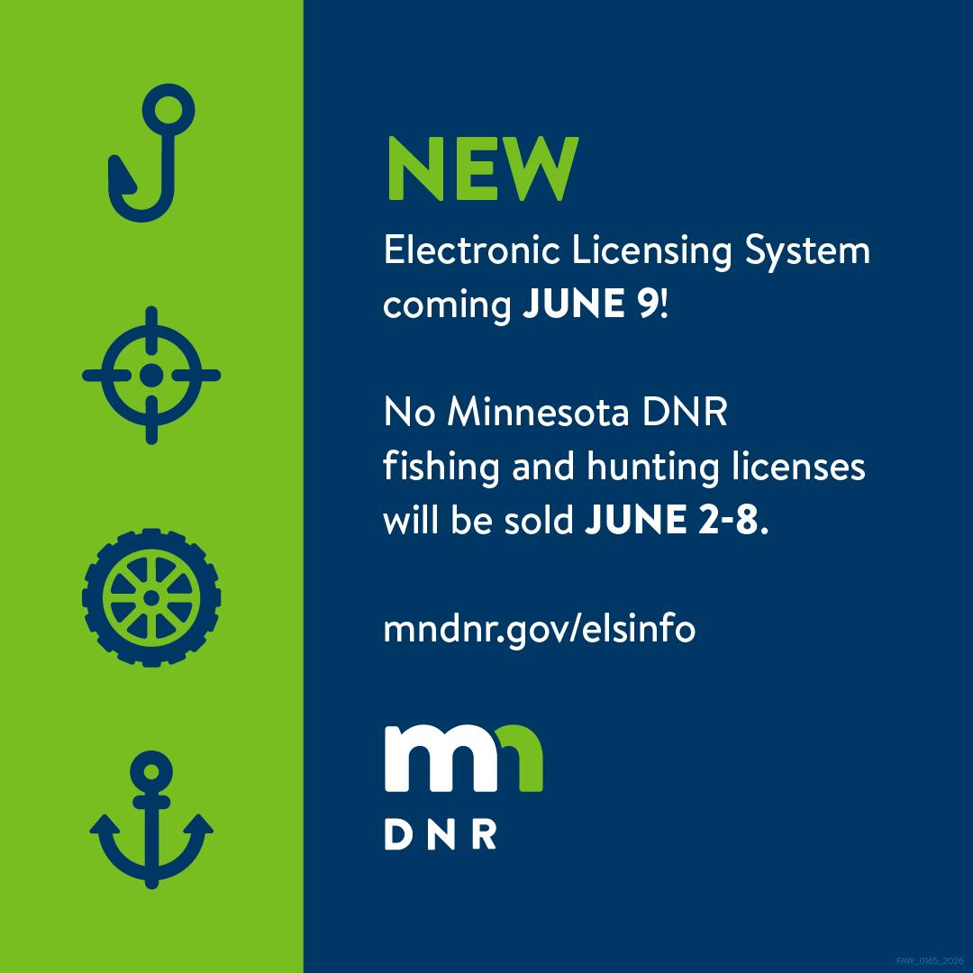 CrowWingMN's tweet photo. Minnesota DNR will launch a new electronic licensing system for fishing and hunting licenses on June 9.
• Fishing license sales will pause from Tuesday June 2 -Monday June 8, but anglers can fish without a license during that time.
https://t.co/mA2h1mRAEv #CrowWingCounty https://t.co/L25rYSWBa7