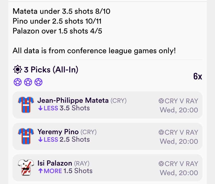 HitRateBets's tweet photo. Going for a dabble pick’em for tonight’s European Conference League Final

All stats are below with the bet slip 

0.5 units advised 

📊 @StatsHubCom https://t.co/srXbDZXnG3