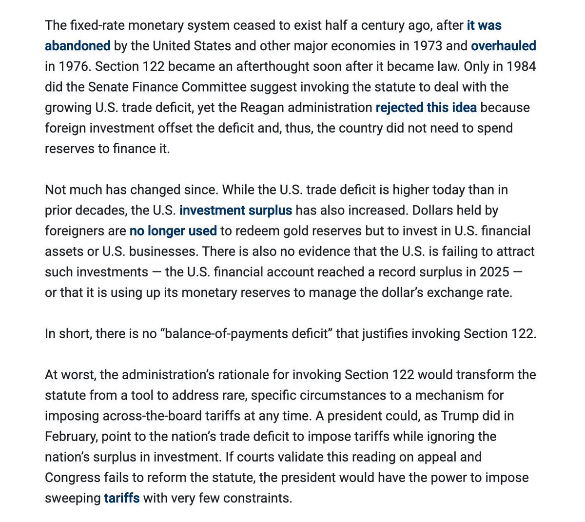 CatoTrade's tweet photo. At worst, the administration’s rationale for invoking Section 122 would transform the statute from a tool to address rare, specific circumstances to a mechanism for imposing across-the-board tariffs at any time.

✍️ @clark_packard &amp; @AlfredCObregon... https://t.co/4932BsLrOm https://t.co/xKUPStttXE