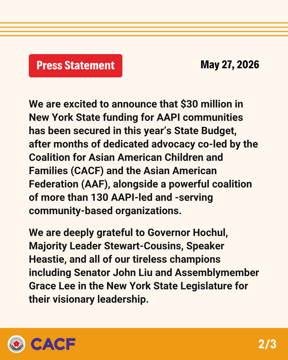 AAFederation's tweet photo. After months of dedicated advocacy co-led by @cacf and AAF, we're excited to announce that the Equity Budget Coalition has secured $30 million dollars for AAPI communities in this year's New York State Budget!   

Read our full statement: https://t.co/gdvnhQrByu https://t.co/pJLFLxVMve