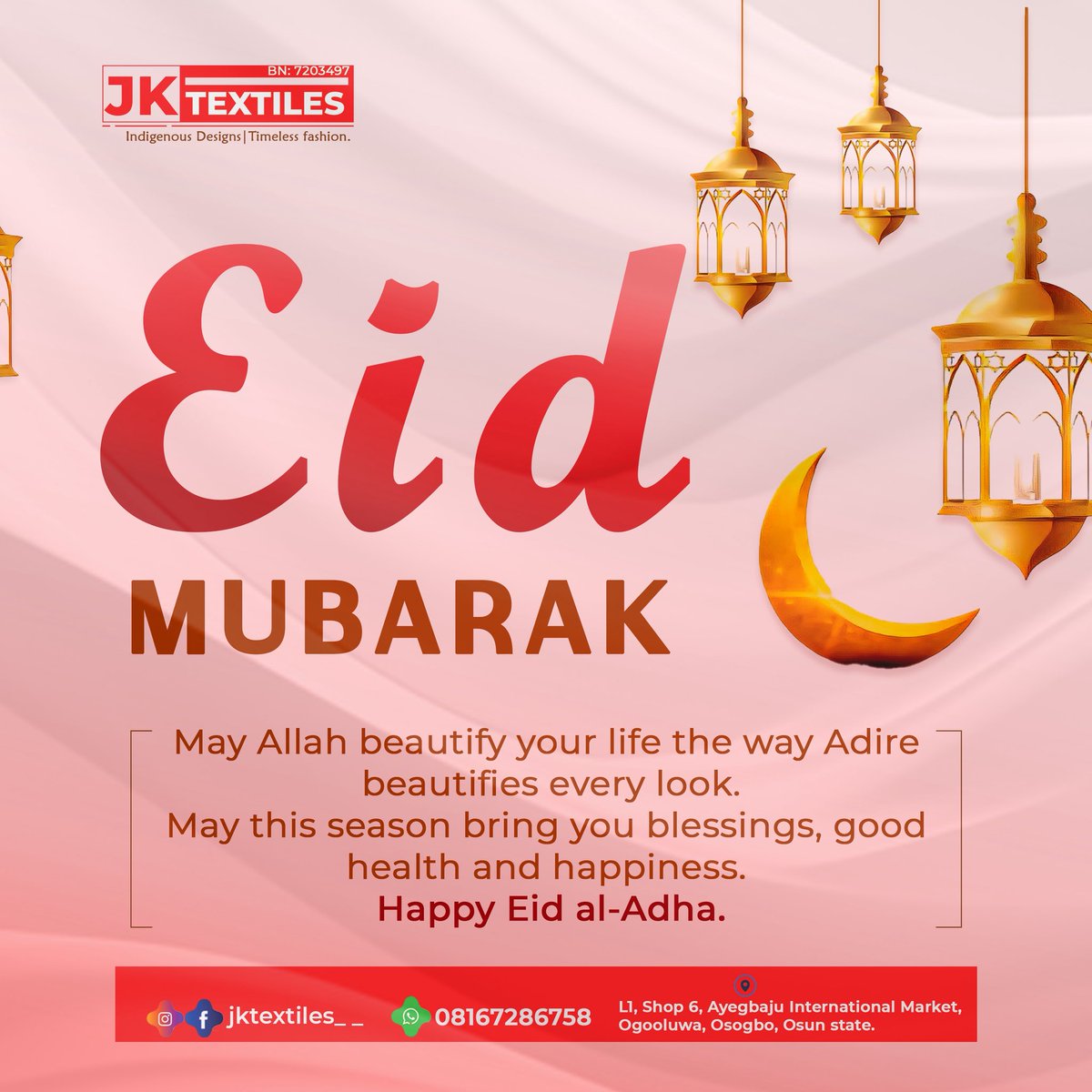 JKTEXTILES__'s tweet photo. Eid Mubarak from your favorite Adirẹ plug 😍🫶🏽
.
.
✨ Barka Da Sallah 🌙
#jktextiles ✨ #Ileya #Sallah #adire #adirefabrics https://t.co/nNCwLnRYHL
