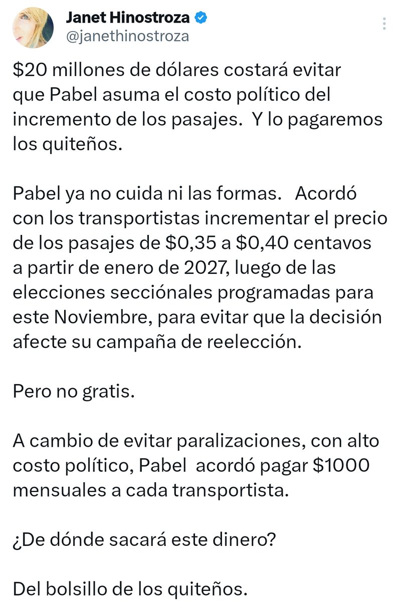 QuitoNoticias1's tweet photo. 🚨 AL ALCALDE LE CRITICA, A NOBOA NO
🔹 @janethinostroza critica al alcalde @pabelml por el bono a los #buseteros, pero no dijo nada de los mismos #bonos que pagó Noboa a los mismos buseteros.
🔹 Ahí dijo que todo estaba bien. https://t.co/v2GrnGr9iJ
