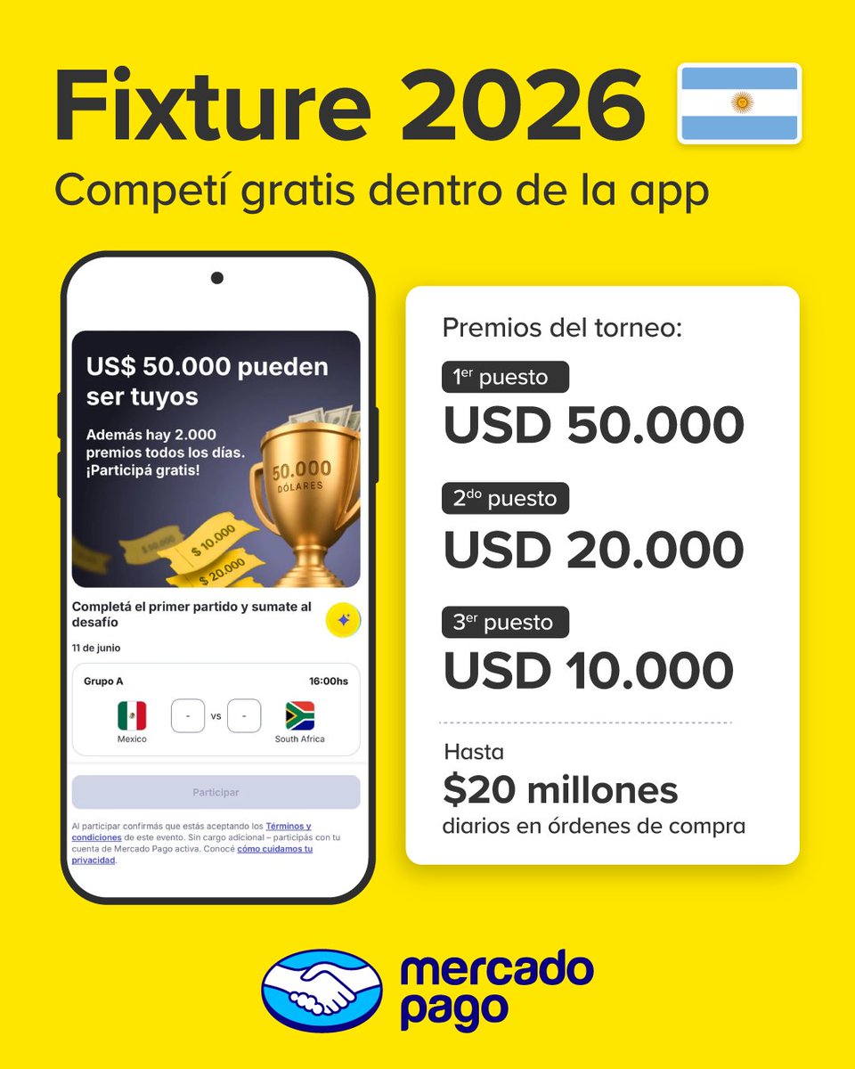 MercadoPago's tweet photo. ¡Lanzamos Fixture 2026 en Mercado Pago!
Una experiencia gratuita para que demuestres cuánto sabés de fútbol: completá tus resultados, participá por premios y competí armando grupos con tu familia, amigos y compañeros de trabajo.
Esta ilusión la vivimos juntos 🇦🇷 https://t.co/sRcOYVb33m