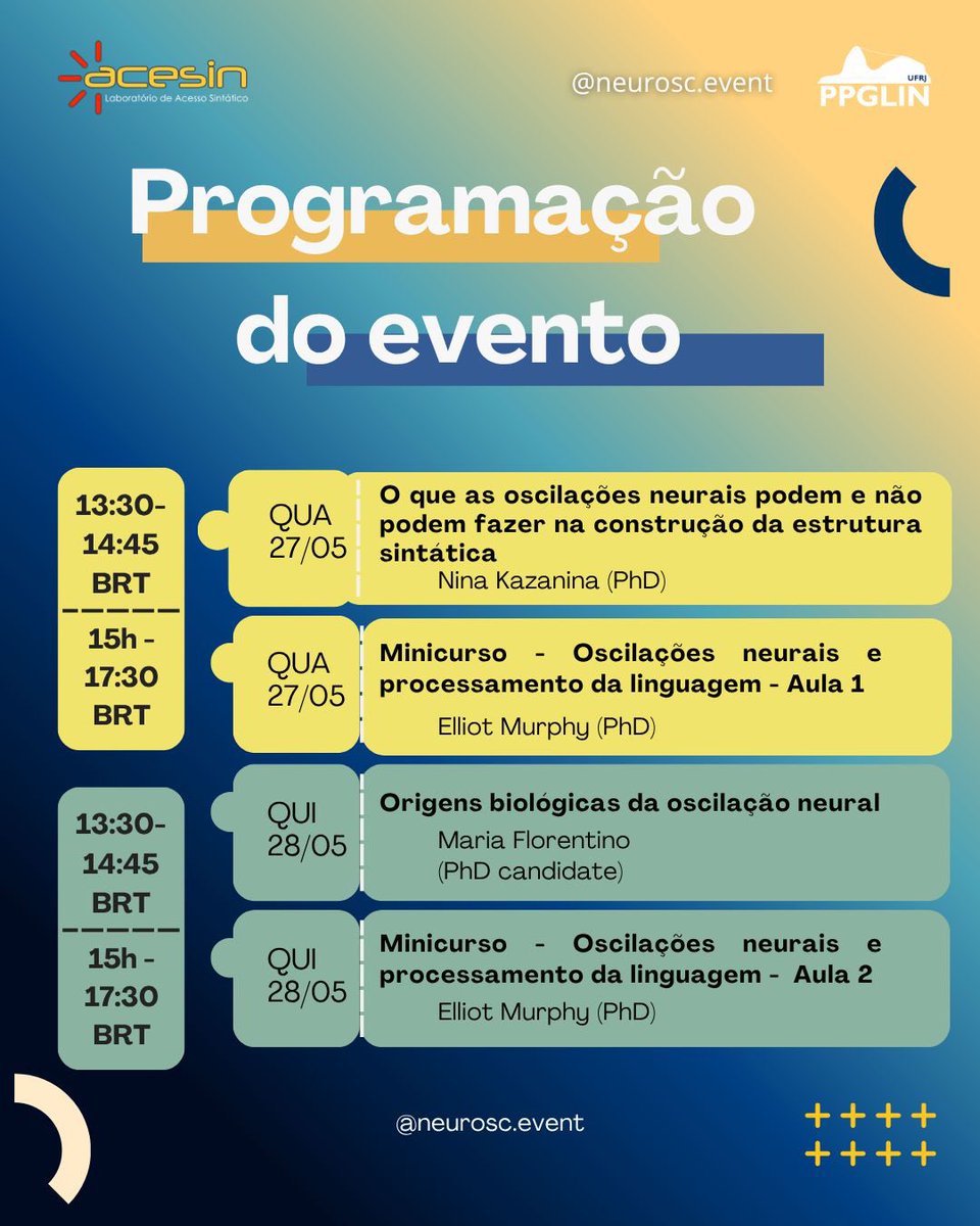 eaufrj's tweet photo. 🧠 Como as oscilações neurais influenciam a cognição e a linguagem?

O evento internacional on-line “On Neural Oscillations” reúne pesquisadores que investigam a dinâmica cerebral e seu papel nos processos cognitivos e linguísticos

Inscreva-se: https://t.co/ZSXAgd6yZL https://t.co/0Q84iYfUpe