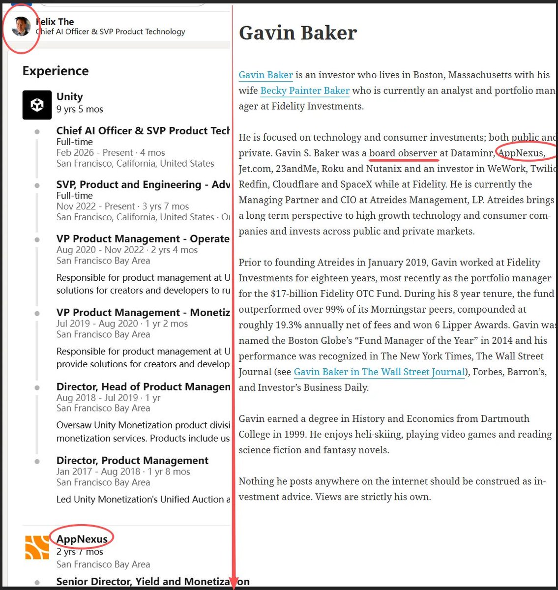 TickerTango's tweet photo. Some good DD by a Reddit user regarding Atreides massively increasing its $U position in Q1. Unity is now the fund's #2 holding per the latest 13F after adding 5.8M shares.

Now look at Felix Thé, Unity's Chief AI Officer, who previously worked as Senior Director at AppNexus. Baker was also a board observer at AppNexus. He probably has a very good idea of what's being built inside $U 🧐