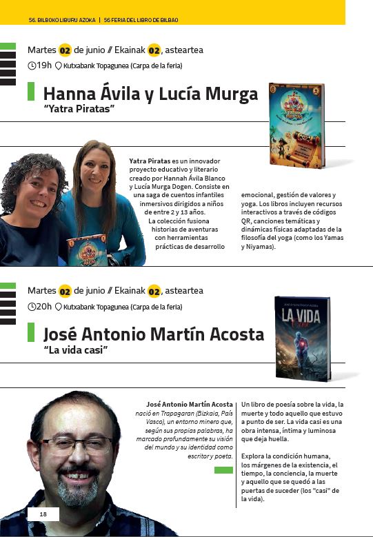 AEEEIE's tweet photo. 🎉📖 ¡El martes 2 de junio tenemos doble cita en la 56ª Feria del Libro de Bilbao! 📖🎉
📍 Kutxabank Topagunea (Carpa de la Feria)
🕖 A las 19h — Hanna Ávila y Lucía Murga presentan Yatra Piratas.
🕗 A las 20h — José Antonio Martín Acosta presenta La vida casi. https://t.co/R1ErkidwUG