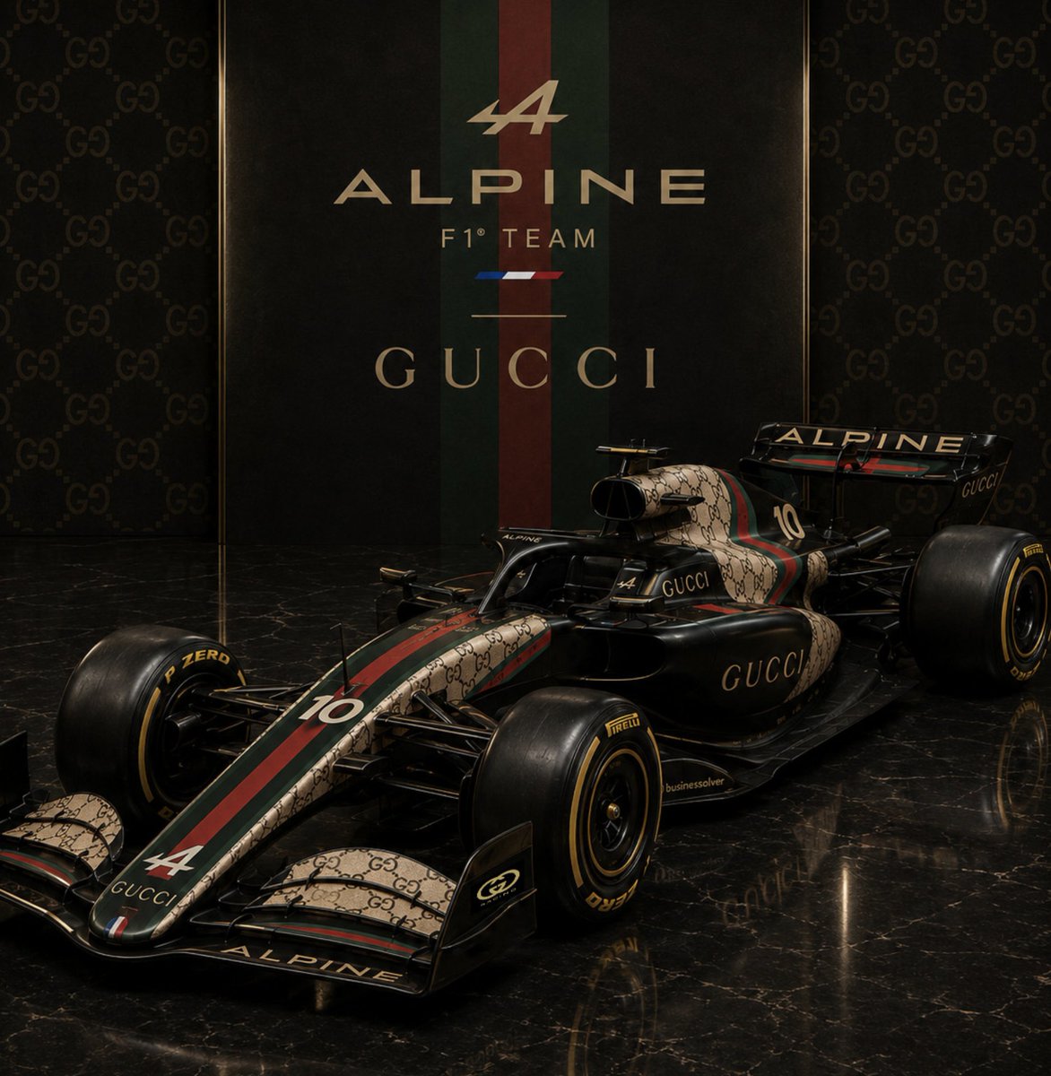 Pocketsxx's tweet photo. Gucci Alpine F1 team? Fucking yuck. As if F1 couldn't get less attractive right now and then this shit is pulled. https://t.co/RW8TTCc13o