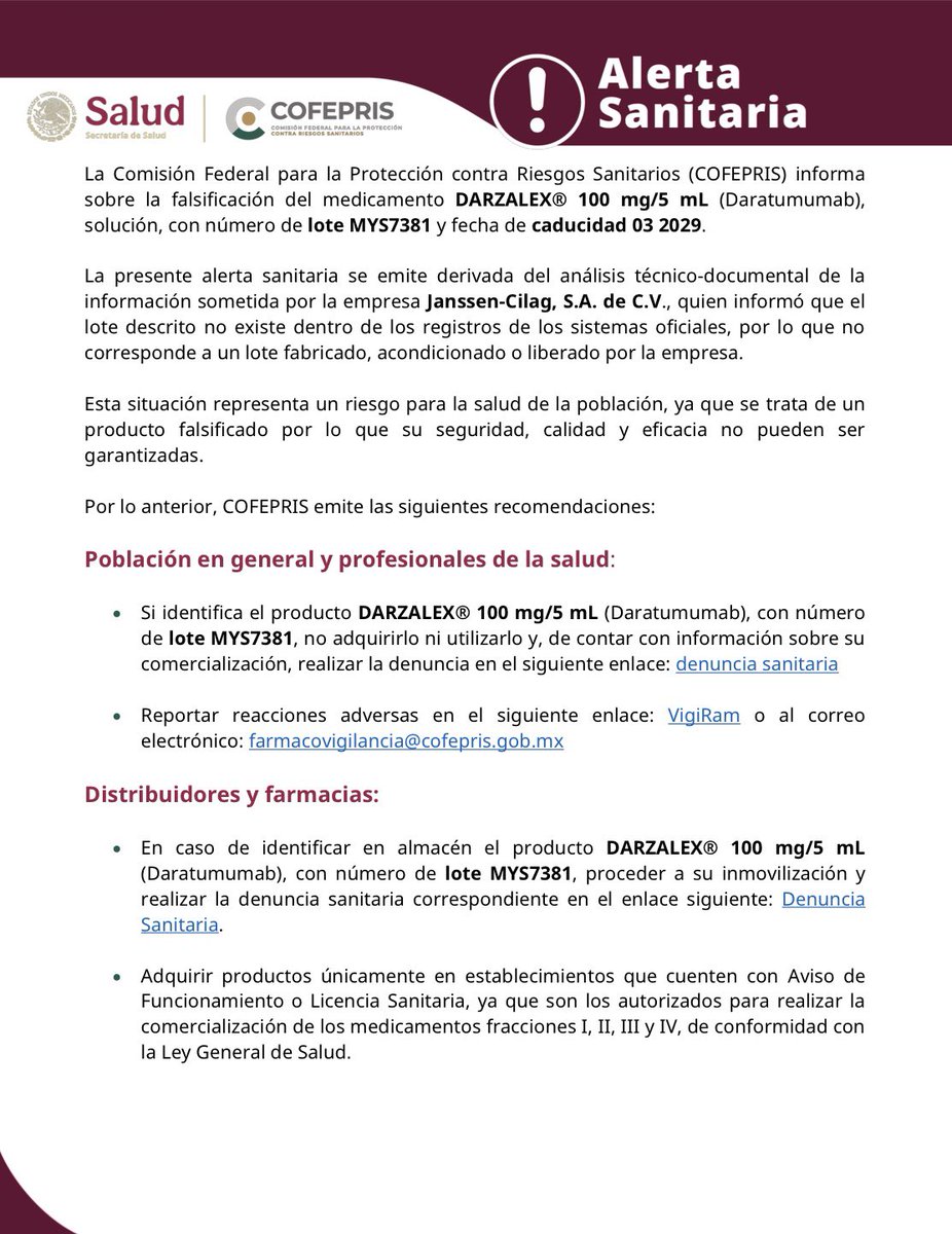 SSZ_Zac's tweet photo. 🚨 🚨 Alerta sanitaria: Falsificación del producto DARZALEX®️ 100 mg/5 mL (Daratumumab), solución.

#SaludZac #AñoDelProgreso https://t.co/T3XzJIir6H