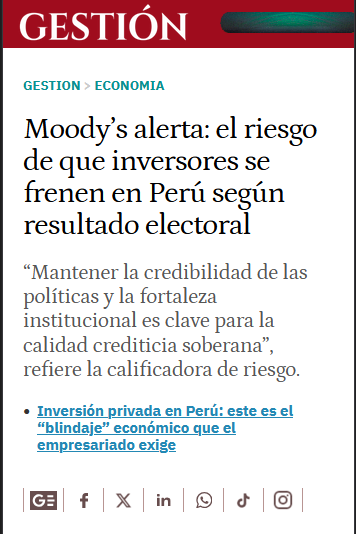 juliocmerino's tweet photo. 🚩Ojo con esto. La principal agencia calificadora de riesgos del mundo advierte que una victoria del candidato de JP y Roberto Sánchez pondría en riesgo el grado de inversión del Perú. En buen cristiano: el plan de Sánchez espanta a los inversores que generan CHAMBA. 🙆 https://t.co/OTlpUCKwJE