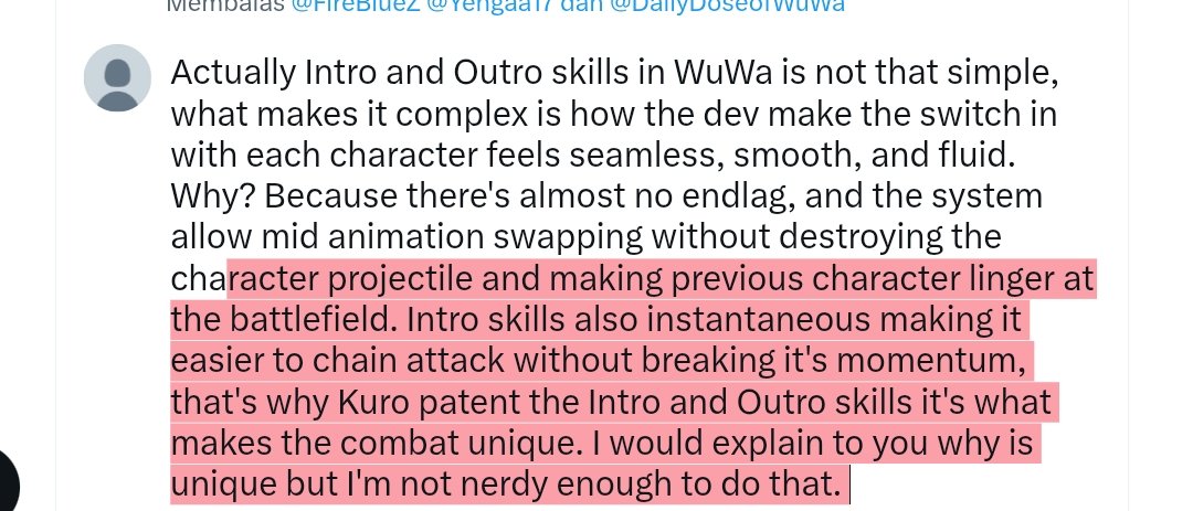 Qsofyoos1's tweet photo. @FireBlueZ @Yengaa17 @DailyDoseofWuWa Actually Intro and Outro skills in WuWa is not that simple, what makes it complex is how the dev make the switch in with each character feels seamless, smooth, and fluid. Why? Because there's almost no endlag, and the system allow mid animation swapping without destroying the cha https://t.co/KWuD6Djj39