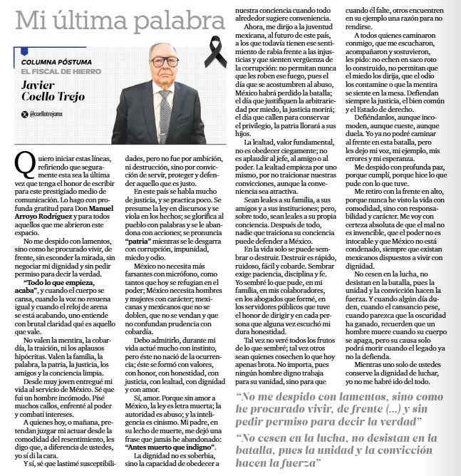 M451054R3's tweet photo. Javier Coello Trejo.- 2026.05.27, «Mi última palabra»; 'El Financiero':