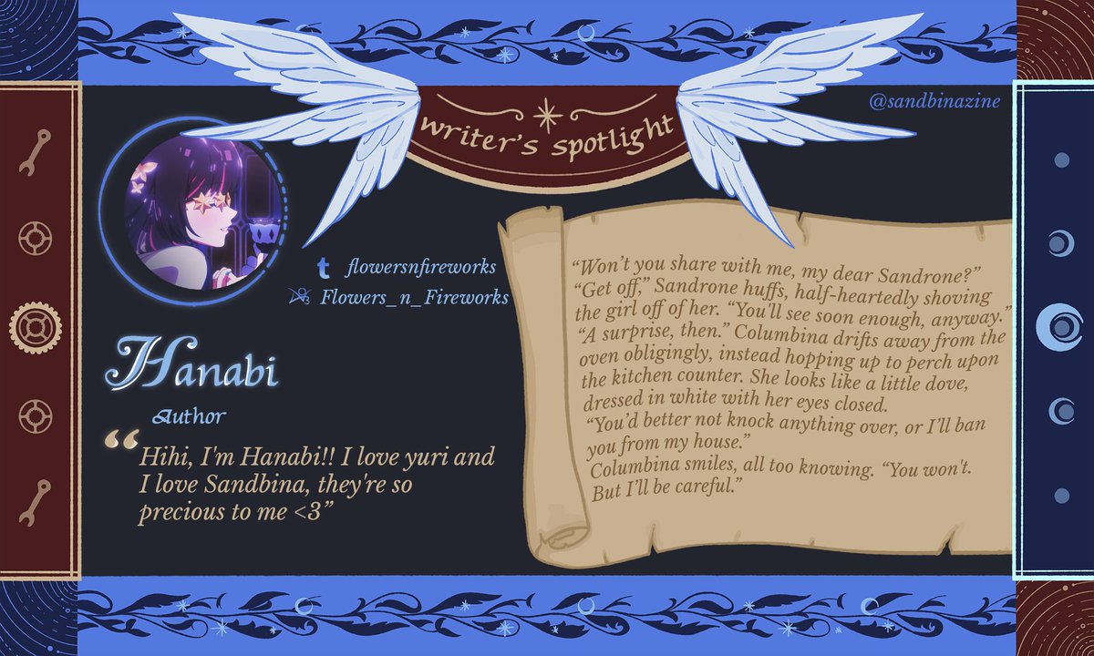 sandbinazine's tweet photo. 🌕💞⚙️ Contributor Spotlight 🌕💞⚙️

Next up on our contributor line-up, please welcome our amazing writer Hanabi, who loves yuri and our very precious Sandbina, her writing style featuring powerful, emotional scenes and dynamic pairings. 🎆

#GenshinImpact #Sandrone #Columbina https://t.co/2LDNvTEbhS