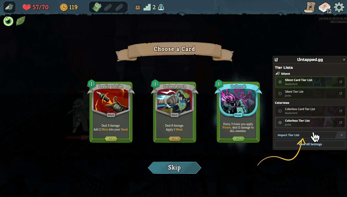 UntappedSTS's tweet photo. Import Tier Lists From Your Favorite Creators, or Your Own!

You can import any tier list available on the website into the overlay so you can view the card rankings and commentary directly in the game.

#SlayTheSpire2 #StS2 #SlayTheSpire https://t.co/aAsMwifMXv