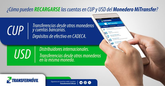 IGMARTINEZ3's tweet photo. ¿Sabes cómo recargar tu monedero MiTransfer? 📲Aquí te mostramos las vías de recarga que puedes utilizar. 📷👇 https://t.co/F421dWFDPd