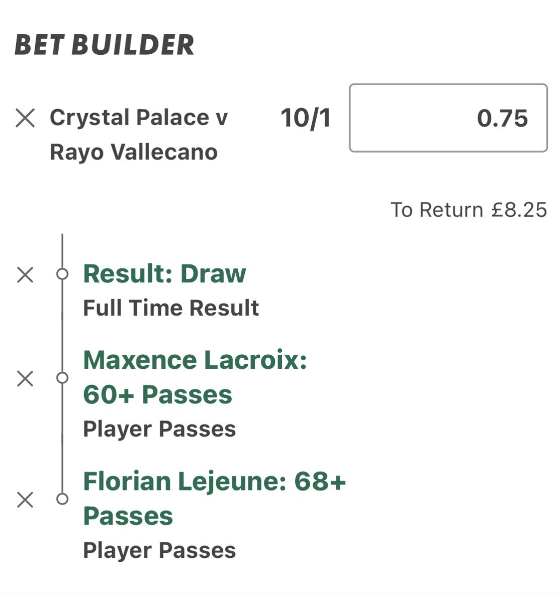 TGFootballTips's tweet photo. 1U - Bet365 

With player passes counting in extra time, these two longshots look nice.

Lacroix and Lejeune usually do not get subbed off, so should beat their passing lines if they play 120 minutes.

Lacroix averages 53.09 passes/90, while Lejeune averages 60.63 passes/90.

If Vallecano take an early lead, there’s a good chance they sit a little deeper and allow Lacroix to have more of the ball, hence the 60/1.

@StatsHubCom