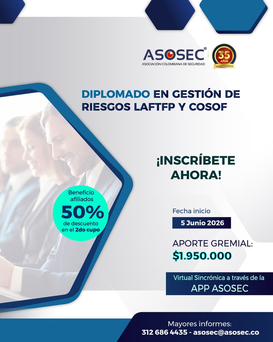 Asosec's tweet photo. 🎓 Prepárese con herramientas prácticas y actualizadas.

Diplomado en Gestión de Riesgos LAFTFP y COSOF
📌 Inscripciones abiertas:
👉 https://t.co/9iDJ7QuwjP https://t.co/k8klYGtYkB