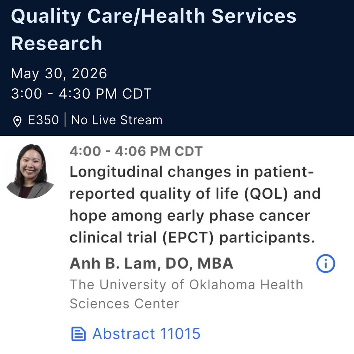 anhbl9's tweet photo. I am very honored to present this rapid oral abstract on behalf of Dr @LundquistDebra and our amazing team at #ASCO26!

I’m so deeply appreciative of Dr Lundquist and Dr @RyanNipp for your mentorship and our phenomenal team who took me in and supported me these past few years💛 https://t.co/5eK8pSm72r