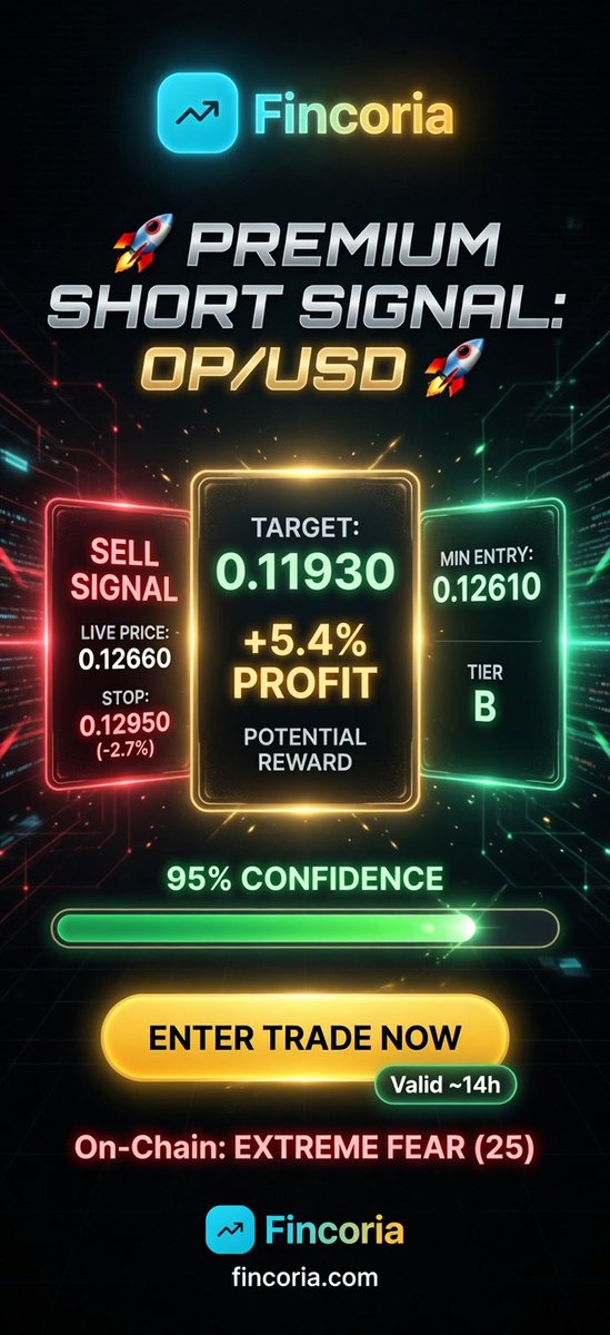fincoriasignals's tweet photo. BREAKING! SELL OP/USD @ 0.12610 | Target 0.11930 | Stop 0.12950 | 74% Confidence https://t.co/zzNzyFcHHy #Fincoria #Trading #op #CRYZ via @fincoriasignals https://t.co/9RfAoqTSPb