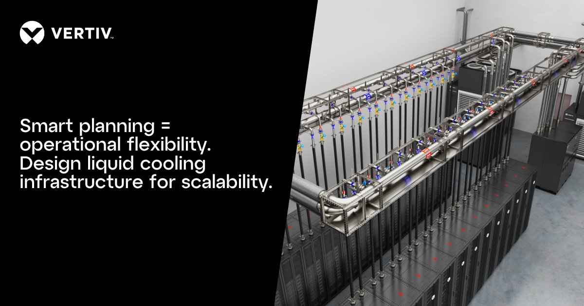 Vertiv's tweet photo. Designing liquid cooling for scalability prevents costly retrofits. Key decisions: oversize headers, plan CDU capacity with headroom, use modular components. Read how to build infrastructure that grows with your needs: https://t.co/WNaPFOpefS

#LiquidCoolingInfrastructure https://t.co/1lr1Dx1FbQ
