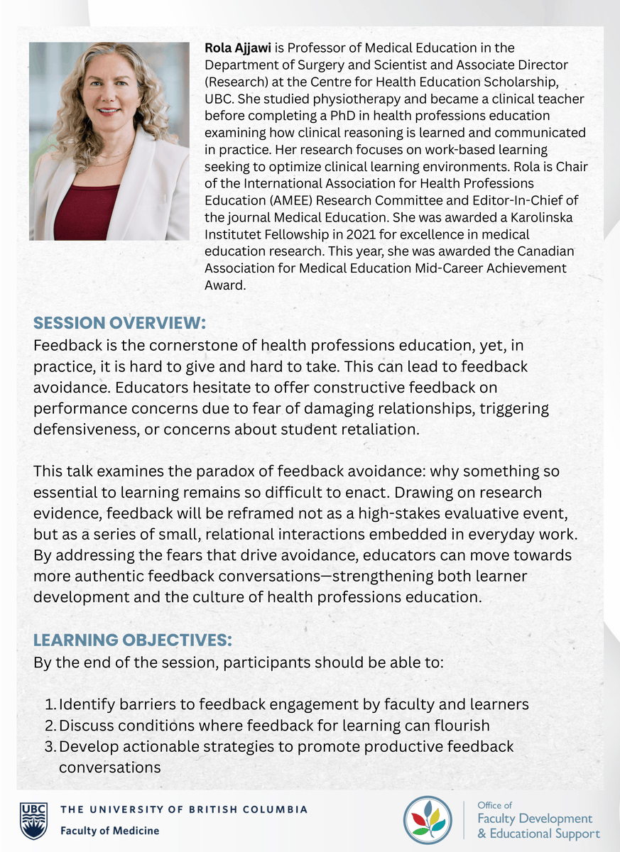 UBC_Sass's tweet photo. UBC Faculty of Medicine is hosting an event, "Reframing Feedback in Health Professions Education" on September 15, 2026 at 8:30AM. Please see the attached poster and link for more details! 🙂

https://t.co/LR8dhGDFk3 https://t.co/tWFwSyZZ5e