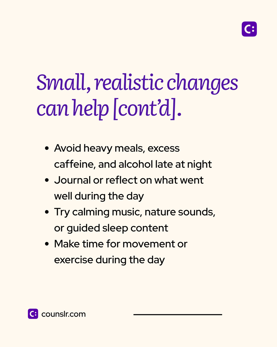 OfficialCounslr's tweet photo. May's Mental Health Awareness Month is a reminder that good quality sleep is not a luxury or a reward but a critical part of caring for ourselves.

And yet, so many of us are running on empty. We’re not just physically tired—we’re emotionally depleted and mentally overstimulated. The reasons are rarely simple. Long workdays, caregiving responsibilities, financial stress, nonstop notifications, and screens late into the night all make it hard for our minds and bodies to slow down.

The good news is that small, realistic changes can make a real difference. Swipe for a few places to start!
#mentalhealth #counslr #TextSupport #EmployeeWellness #MentalHealthSupport #WorkplaceWellbeing #CounslrCares #DigitalMentalHealth