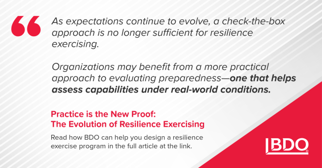 AngieMyers's tweet photo. A check-the-box approach won’t build resilience. Organizations need programs grounded in criticality, dependency data and practical insight to assess preparedness, reveal gaps and strengthen response before disruption occurs. See how @BDO_USA can help: https://t.co/4LQRkRcinq https://t.co/7YYKvUXGhL