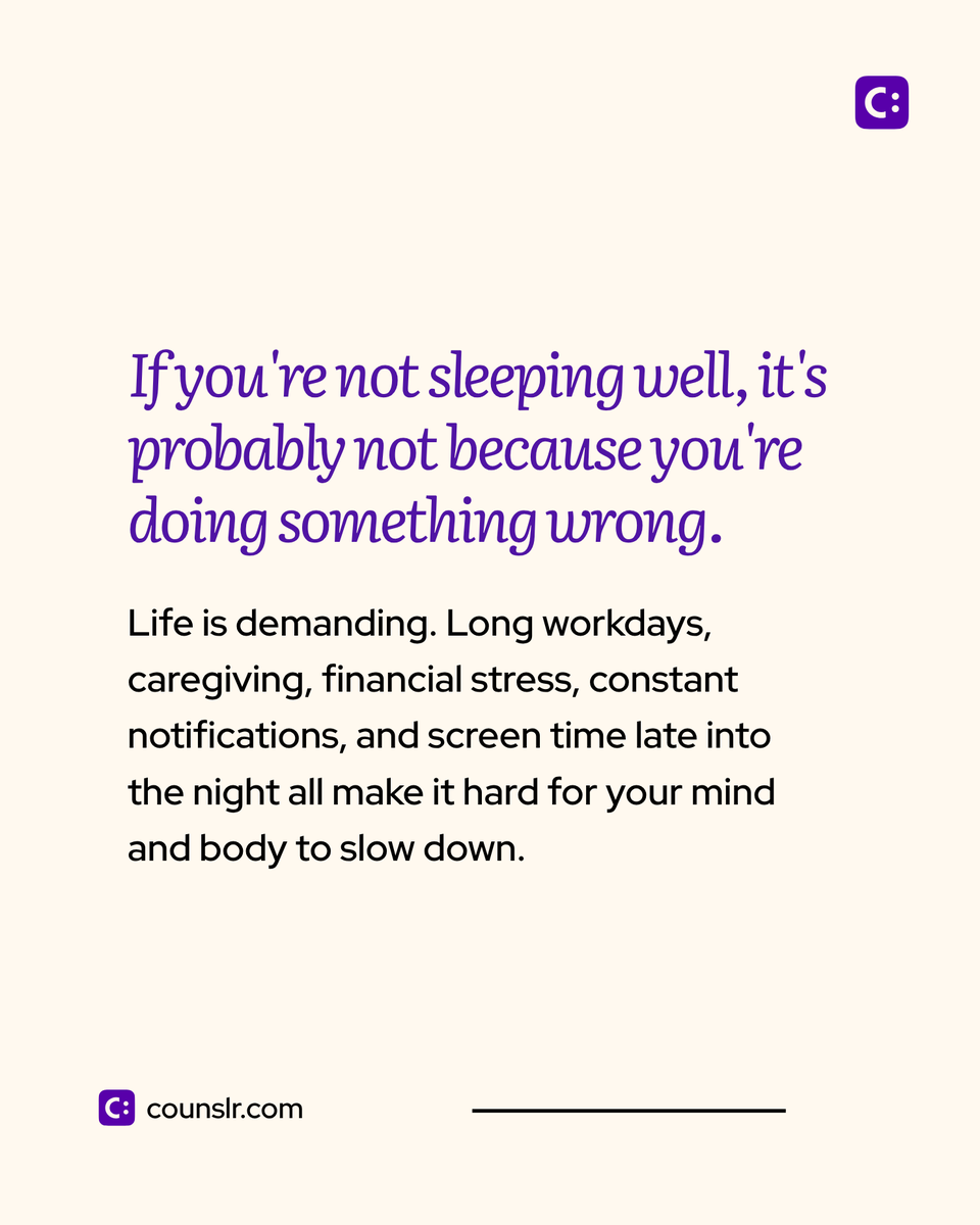 OfficialCounslr's tweet photo. May's Mental Health Awareness Month is a reminder that good quality sleep is not a luxury or a reward but a critical part of caring for ourselves.

And yet, so many of us are running on empty. We’re not just physically tired—we’re emotionally depleted and mentally overstimulated. The reasons are rarely simple. Long workdays, caregiving responsibilities, financial stress, nonstop notifications, and screens late into the night all make it hard for our minds and bodies to slow down.

The good news is that small, realistic changes can make a real difference. Swipe for a few places to start!
#mentalhealth #counslr #TextSupport #EmployeeWellness #MentalHealthSupport #WorkplaceWellbeing #CounslrCares #DigitalMentalHealth