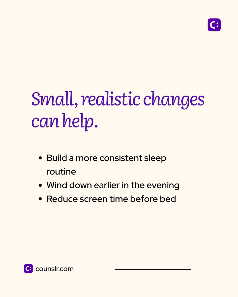 OfficialCounslr's tweet photo. May's Mental Health Awareness Month is a reminder that good quality sleep is not a luxury or a reward but a critical part of caring for ourselves.

And yet, so many of us are running on empty. We’re not just physically tired—we’re emotionally depleted and mentally overstimulated. The reasons are rarely simple. Long workdays, caregiving responsibilities, financial stress, nonstop notifications, and screens late into the night all make it hard for our minds and bodies to slow down.

The good news is that small, realistic changes can make a real difference. Swipe for a few places to start!
#mentalhealth #counslr #TextSupport #EmployeeWellness #MentalHealthSupport #WorkplaceWellbeing #CounslrCares #DigitalMentalHealth