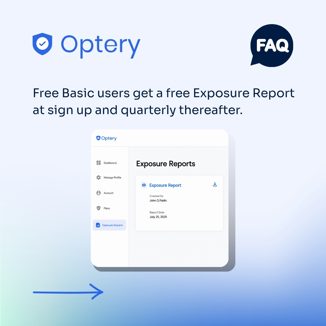 optery's tweet photo. Your online exposure changes fast. Optery helps track it with ongoing scans and monthly removals for paid users, even Custom Scans.

#Optery #CyberSecurity #PrivacyProtection https://t.co/Z7Z9b7qwij