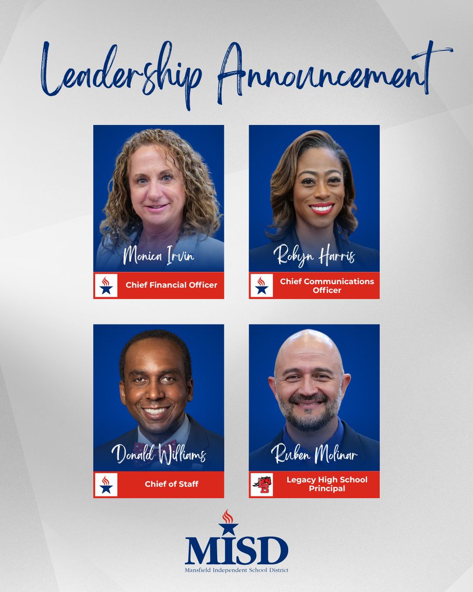 mansfieldisd's tweet photo. MISD Leadership Announcement!

Please join us in congratulating the following individuals as they begin new roles with MISD!

✨Monica Irvin - Chief Financial Officer
✨Robyn Harris - Chief Communications Officer
✨Donald Williams - Chief of Staff
✨Ruben Molinar - LHS Principal https://t.co/lcLJ1ofROd