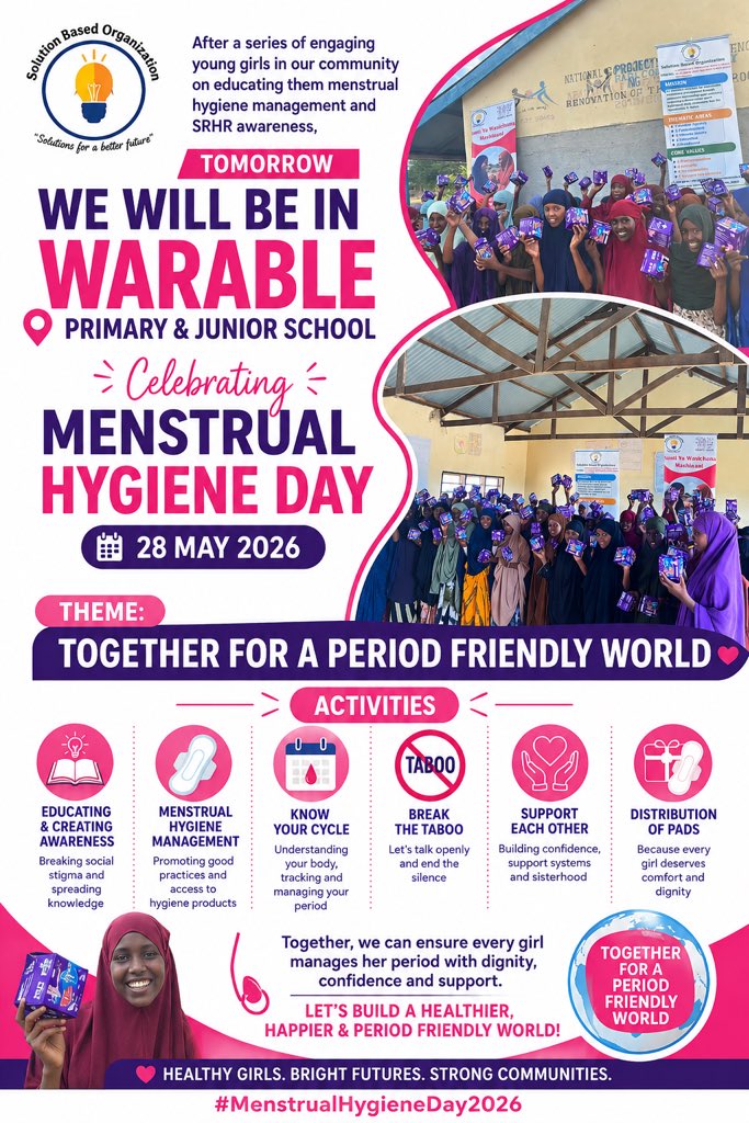 Solution_based7's tweet photo. Together for a Period Friendly World!
Tomorrow we commemorate Menstrual Hygiene Day by educating girls, creating awareness, promoting hygiene practices, and distributing sanitary pads to support healthy futures.
#MenstrualHygieneDay 
#WeAreAgainstPeriodPoverty https://t.co/HP7bHvKq3C